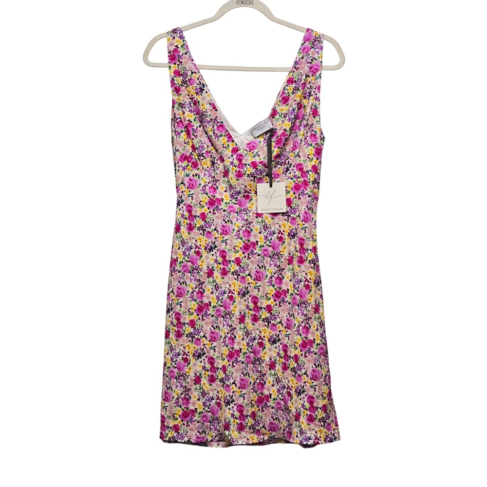 Dress Forum Mini Dress Junior Large Pink Floral Surplice‎ Tie Back Summer Boho